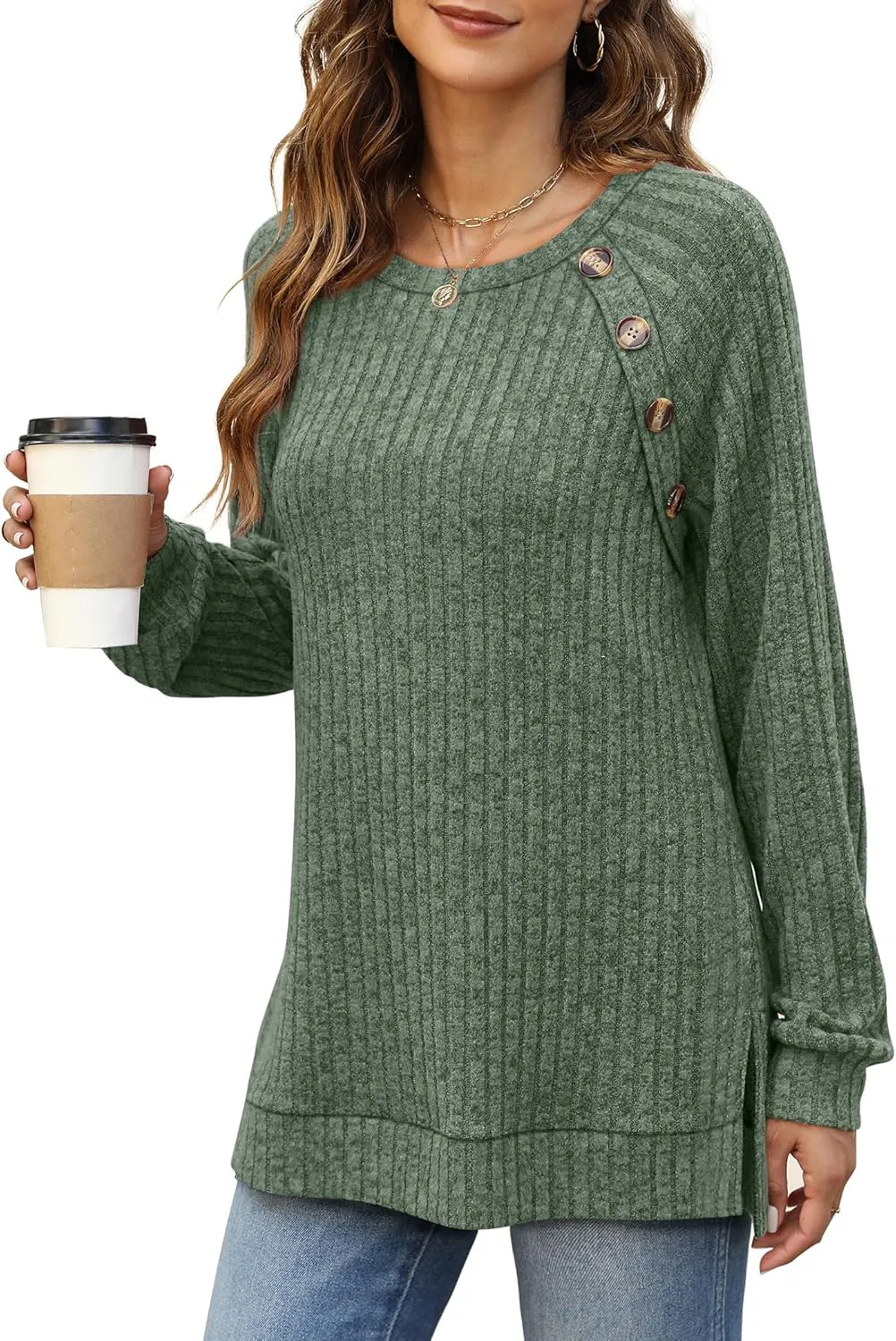 Bofell Long Sleeve Shirts for Women Lightweight Button Decor Tunic Tops Side Split