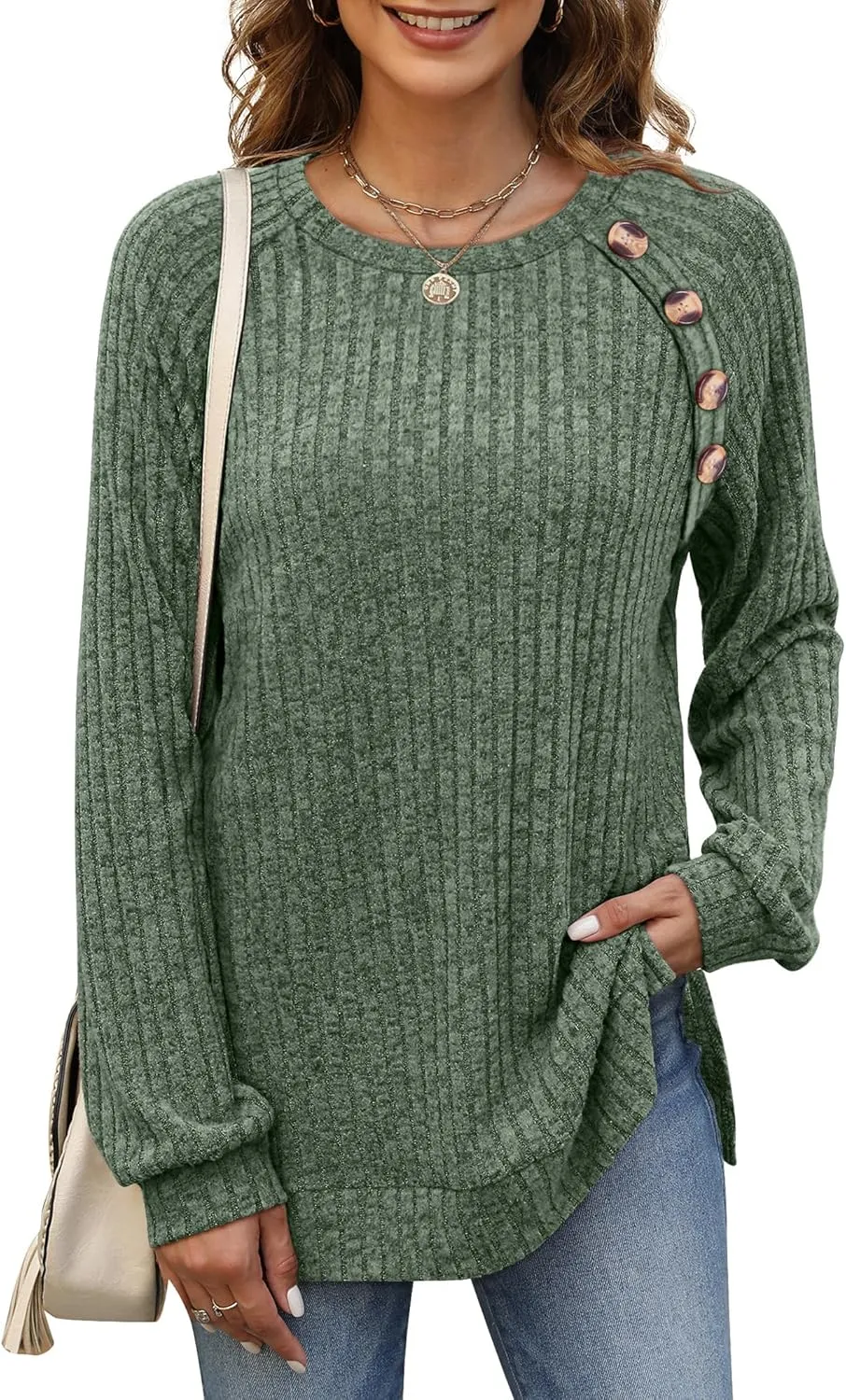 Bofell Long Sleeve Shirts for Women Lightweight Button Decor Tunic Tops Side Split