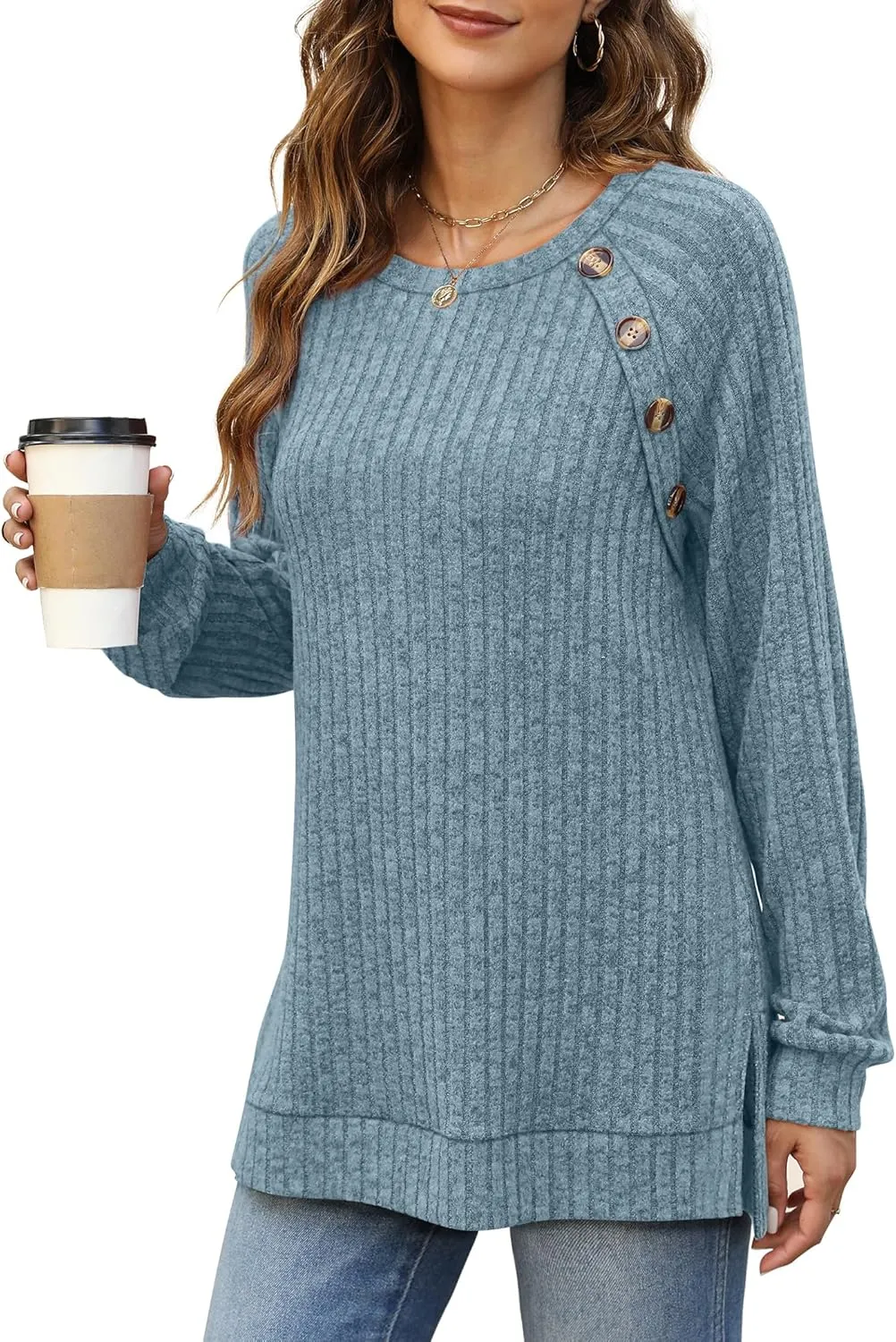 Bofell Long Sleeve Shirts for Women Lightweight Button Decor Tunic Tops Side Split