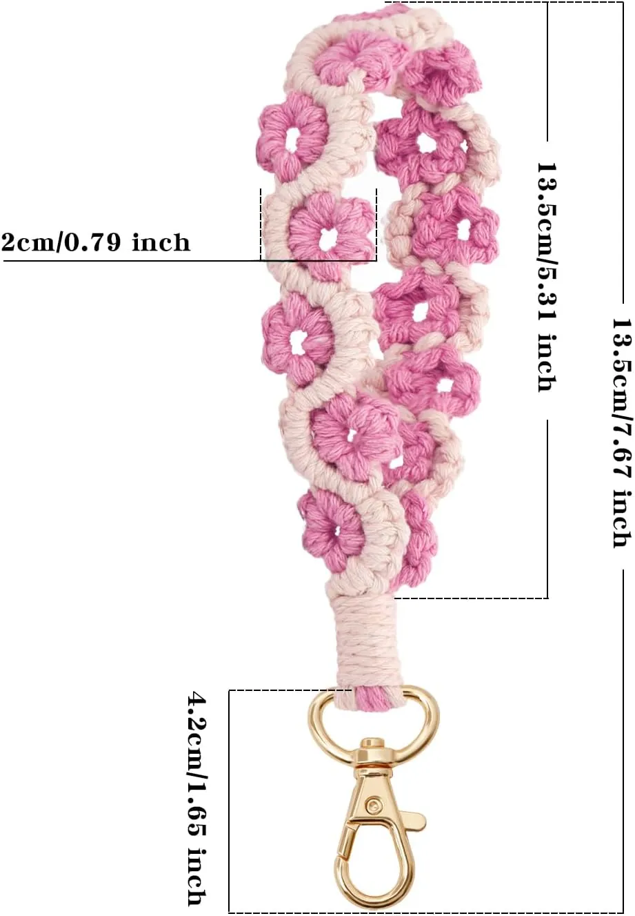 Boho Wristlet Keychain Key Lanyard for Women Wrist Keychain Wristlet Bracelet Macrame Flower Keychain for Car Key