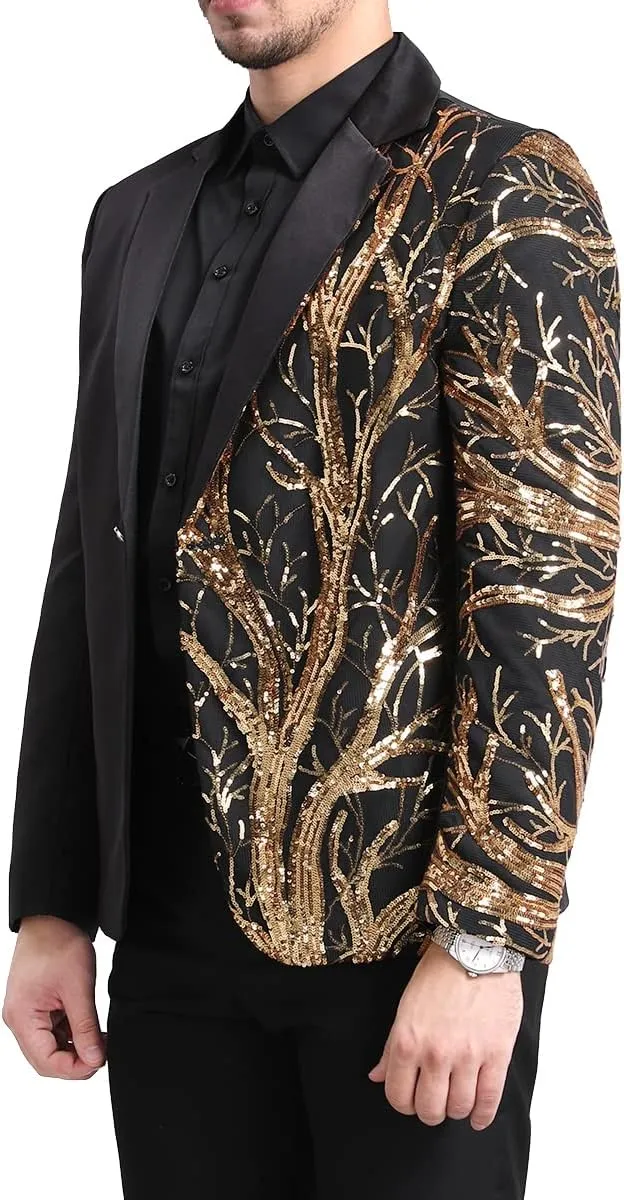 Boyland Men's Tux Dress Blazer Gold Sequins Floral Suit Party Dinner Prom Slim Fit Stylish Blazer Sport Coat