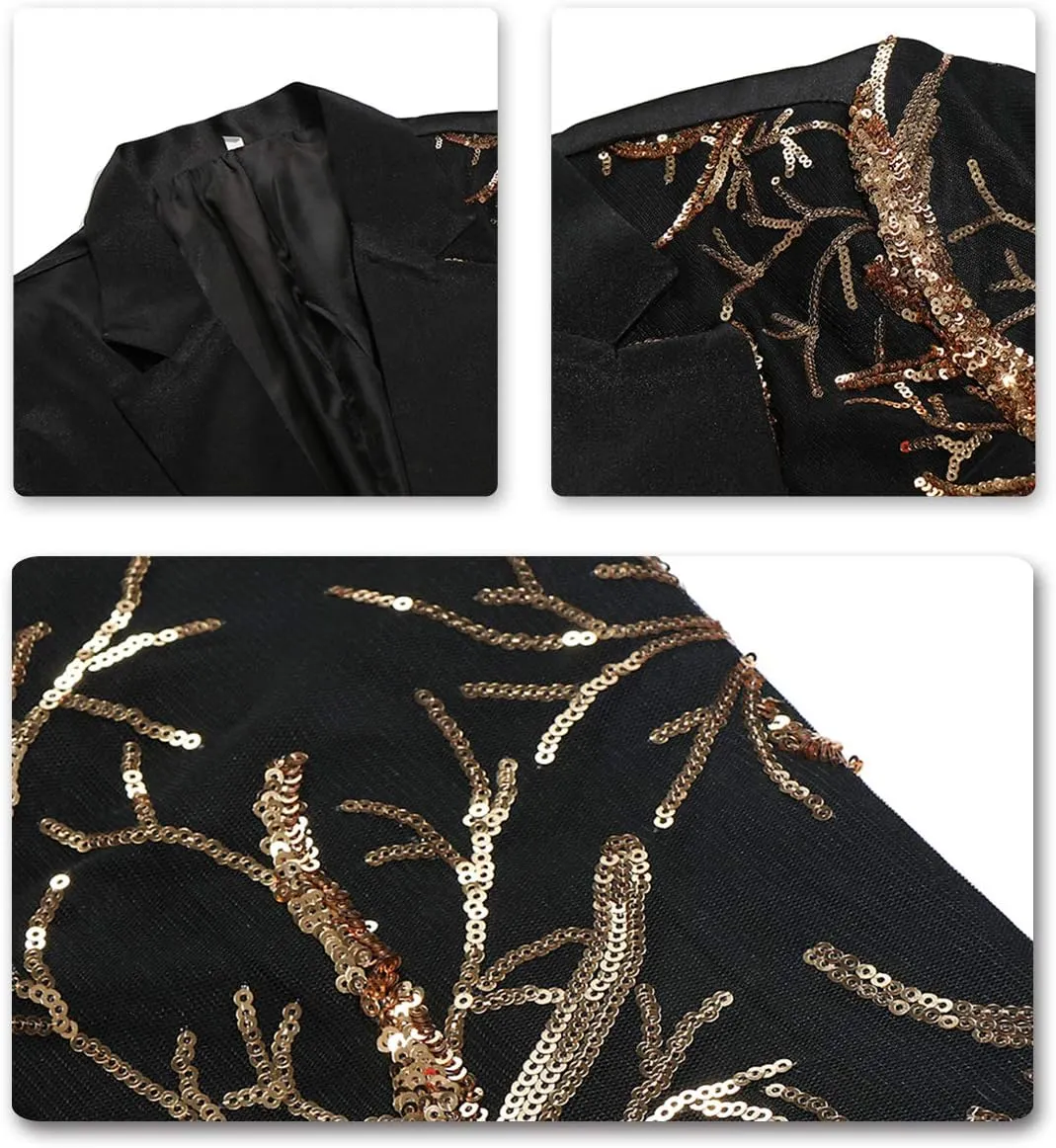 Boyland Men's Tux Dress Blazer Gold Sequins Floral Suit Party Dinner Prom Slim Fit Stylish Blazer Sport Coat
