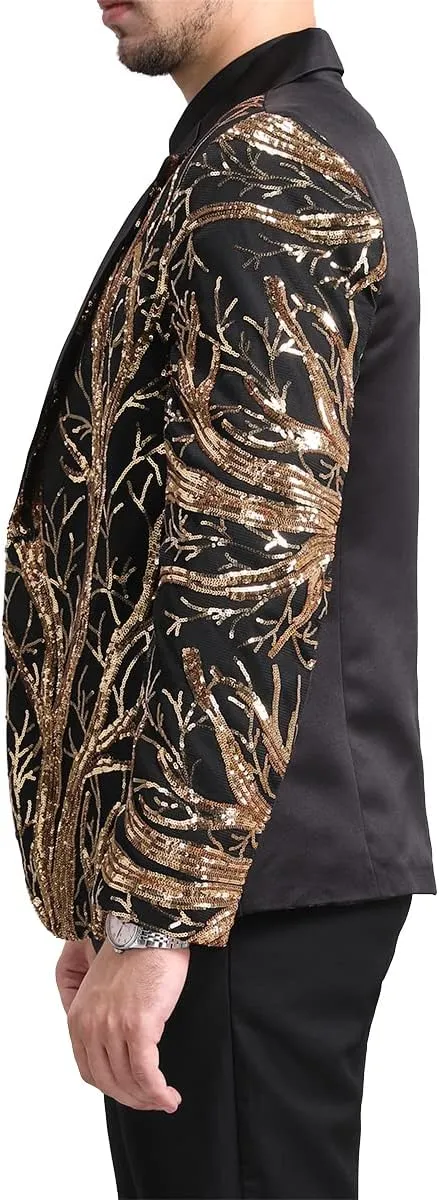 Boyland Men's Tux Dress Blazer Gold Sequins Floral Suit Party Dinner Prom Slim Fit Stylish Blazer Sport Coat