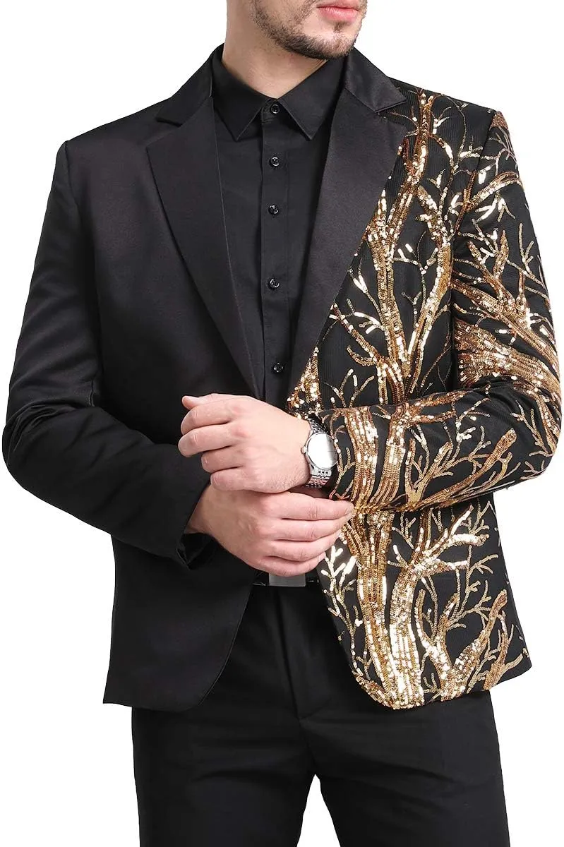 Boyland Men's Tux Dress Blazer Gold Sequins Floral Suit Party Dinner Prom Slim Fit Stylish Blazer Sport Coat