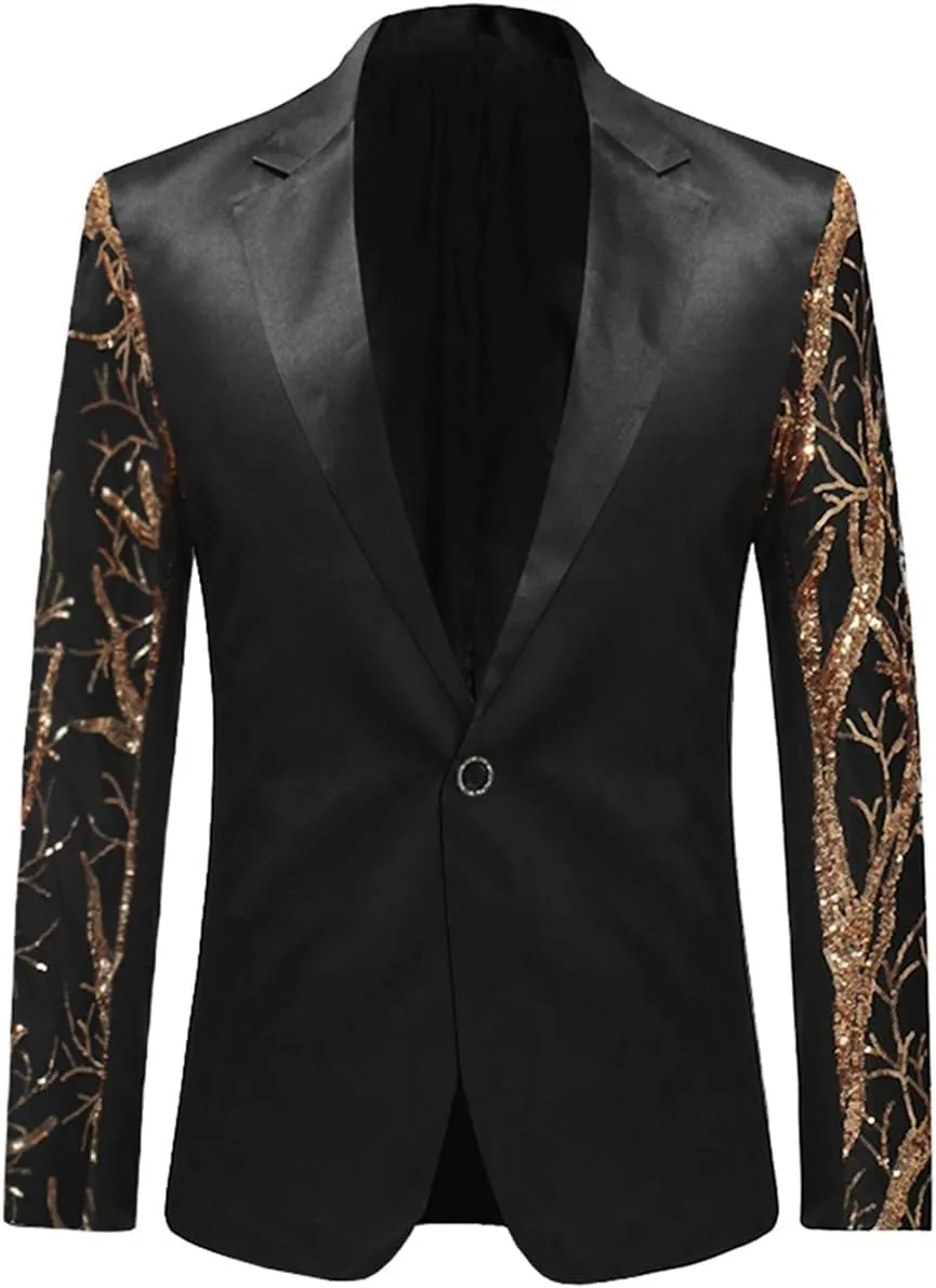 Boyland Men's Tux Dress Blazer Gold Sequins Floral Suit Party Dinner Prom Slim Fit Stylish Blazer Sport Coat