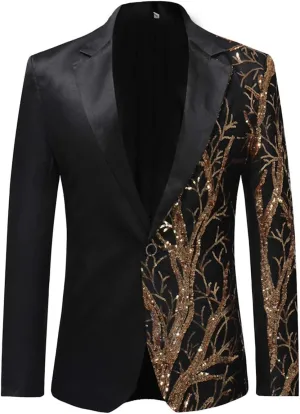 Boyland Men's Tux Dress Blazer Gold Sequins Floral Suit Party Dinner Prom Slim Fit Stylish Blazer Sport Coat