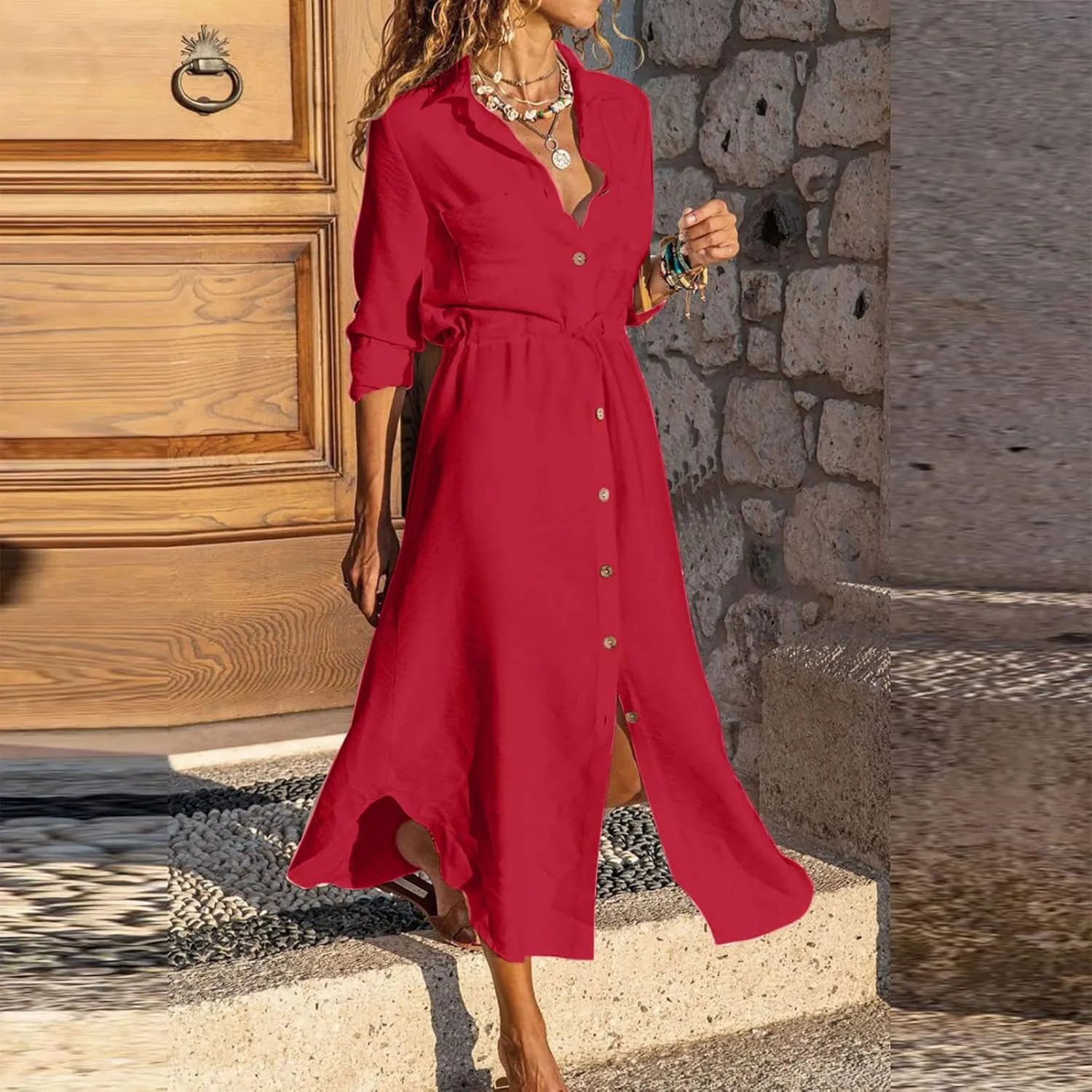 Button Down Dress for Women 2025 Casual V-Neck Linen Shirt Dress Plus Size Maxi Dress Short Sleeve Outfits