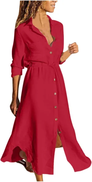 Button Down Dress for Women 2025 Casual V-Neck Linen Shirt Dress Plus Size Maxi Dress Short Sleeve Outfits