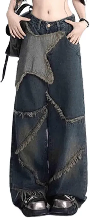 BXCNCKD Women's y2k Retro Leg Wide Leg Pants with Star Pattern Rough Edged Floor Pants high Waisted Loose Jeans