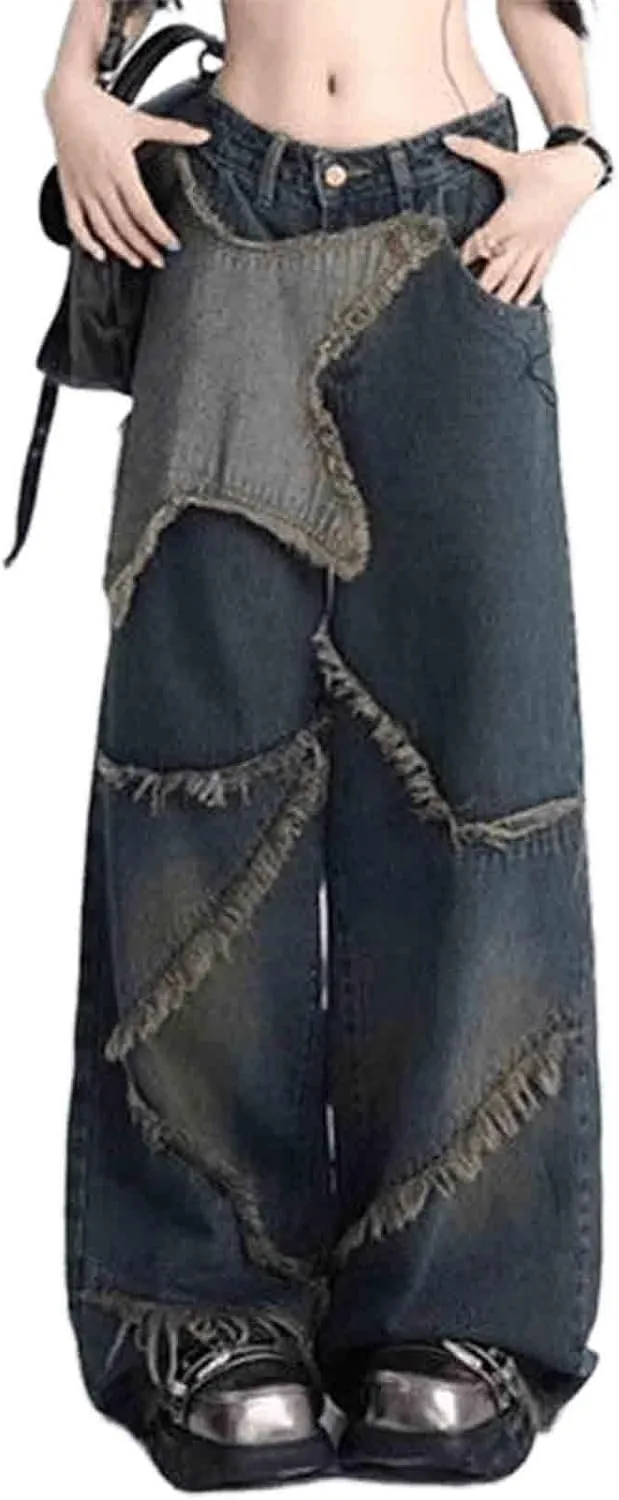 BXCNCKD Women's y2k Retro Leg Wide Leg Pants with Star Pattern Rough Edged Floor Pants high Waisted Loose Jeans