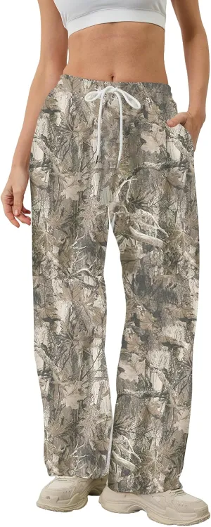 Camo Pants Women Baggy Fleece Y2K Camouflage Cargo Pants High Waisted Wide Leg Drawstring Jogger Sweatpants