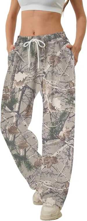 Camo Pants Women Baggy Fleece Y2K Camouflage Cargo Pants High Waisted Wide Leg Drawstring Jogger Sweatpants