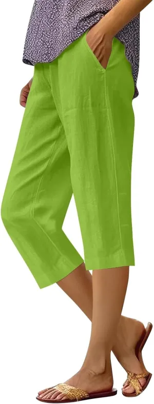Capri Pants for Women Casual Summer Cotton Linen Pants Capris Elastic High Waist Pants Straight Leg Cropped Trouser