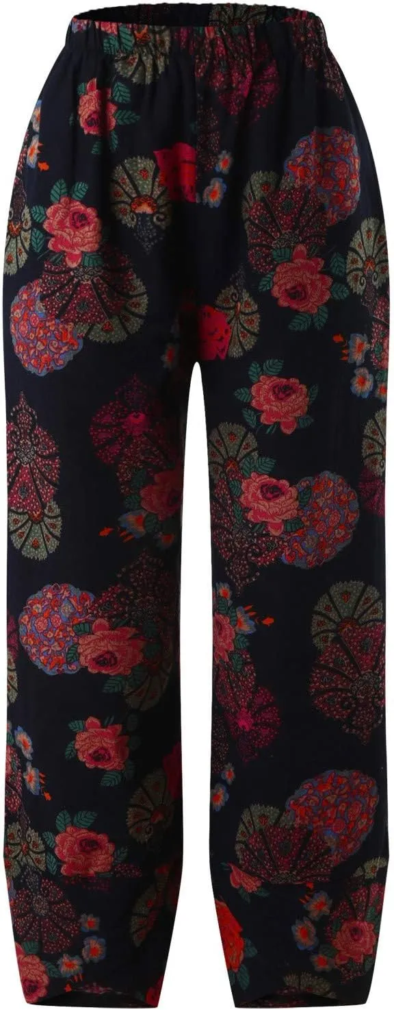 Capri Pants for Women Palazzo Lounge Pants Wide Leg Printed Cropped Bottoms Baggy Trousers Sweatpants with Pockets