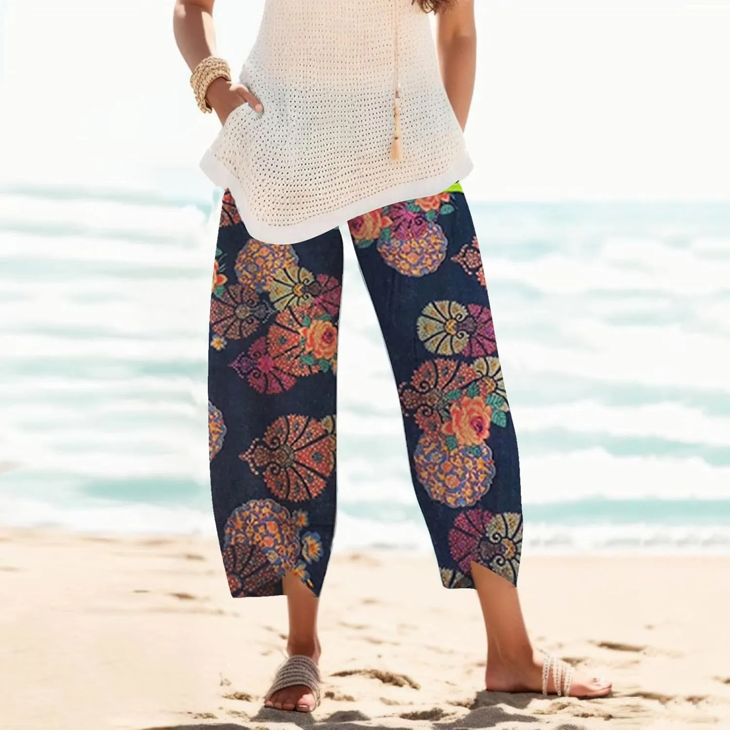 Capri Pants for Women Palazzo Lounge Pants Wide Leg Printed Cropped Bottoms Baggy Trousers Sweatpants with Pockets