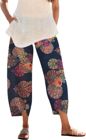 Capri Pants for Women Palazzo Lounge Pants Wide Leg Printed Cropped Bottoms Baggy Trousers Sweatpants with Pockets