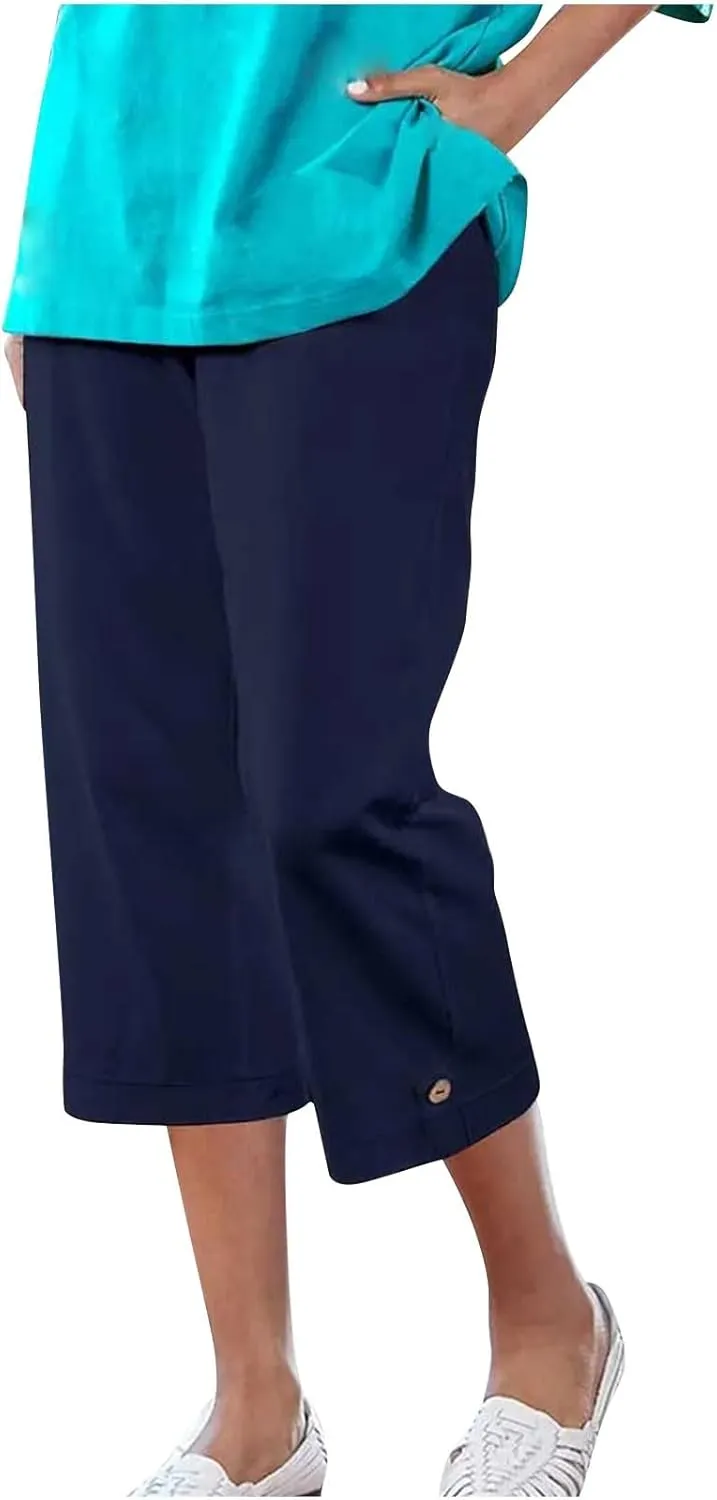 Capri Pants for Women Straight Wide Leg High Waist Linen Summer Clothing Lightweight Baggy Trousers