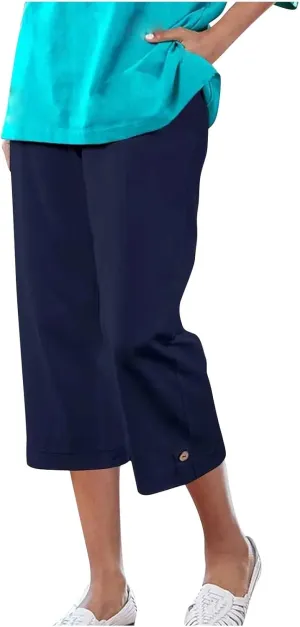 Capri Pants for Women Straight Wide Leg High Waist Linen Summer Clothing Lightweight Baggy Trousers