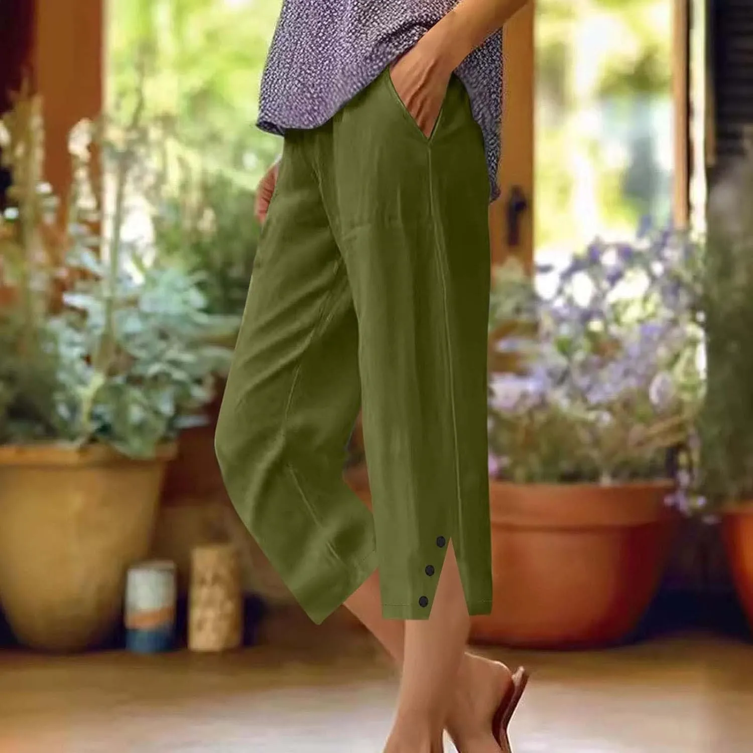 Capri Pants for Women Straight Wide Leg Linen Trousers Casual Lightweight Summer Clothing with Pockets