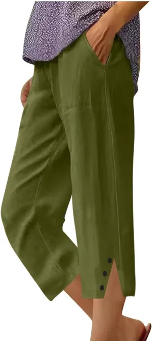 Capri Pants for Women Straight Wide Leg Linen Trousers Casual Lightweight Summer Clothing with Pockets