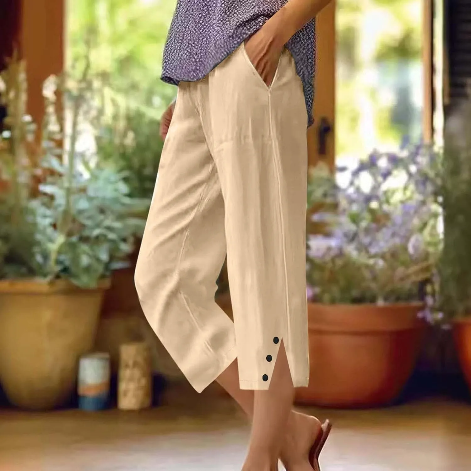 Capri Pants for Women Straight Wide Leg Linen Trousers Casual Lightweight Summer Clothing with Pockets