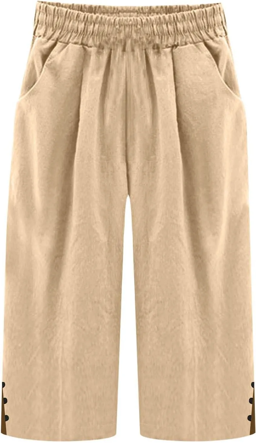 Capri Pants for Women Straight Wide Leg Linen Trousers Casual Lightweight Summer Clothing with Pockets