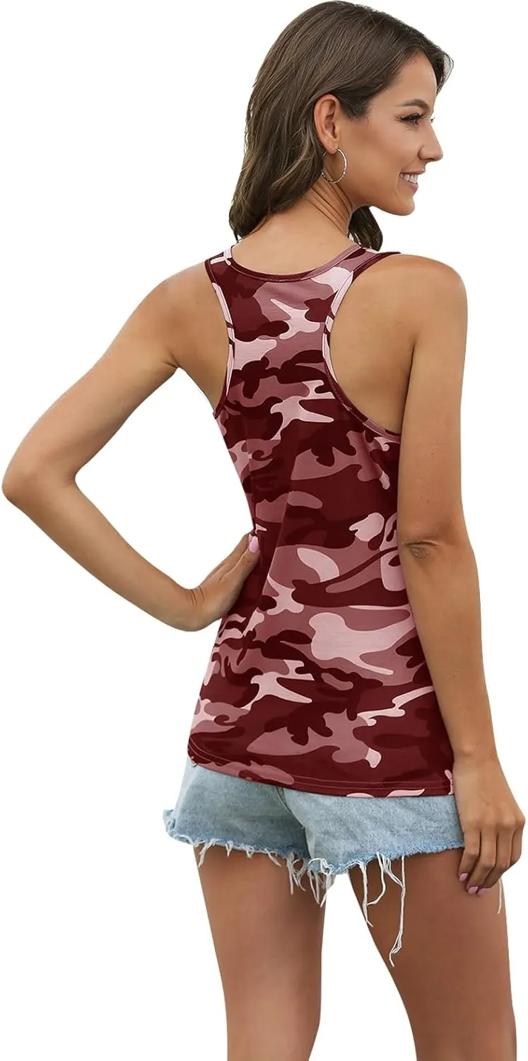 Casual Camo Tank Top Women Flowy Athletic Shirt Sleeveless Running Muscle Tops Workout Gym Racerback Camisole Vest