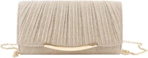 Champagne Clutch Purse Shiny Pleated Women Shoulder Bag Elegant Lock Buckle Evening Bag Chain Messenger Bag
