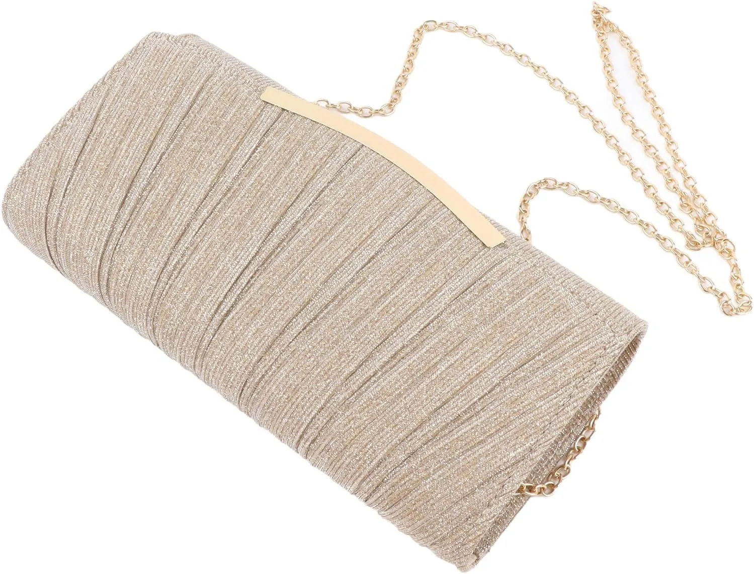 Champagne Clutch Purse Shiny Pleated Women Shoulder Bag Elegant Lock Buckle Evening Bag Chain Messenger Bag