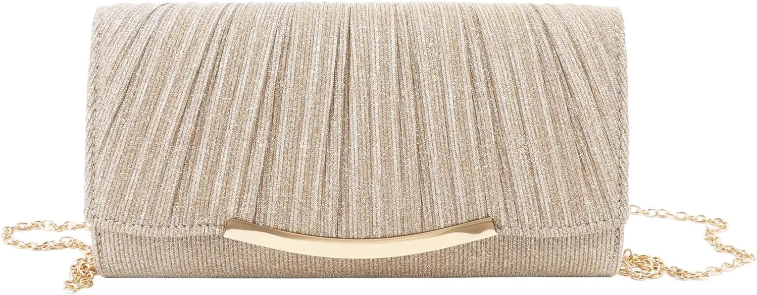 Champagne Clutch Purse Shiny Pleated Women Shoulder Bag Elegant Lock Buckle Evening Bag Chain Messenger Bag