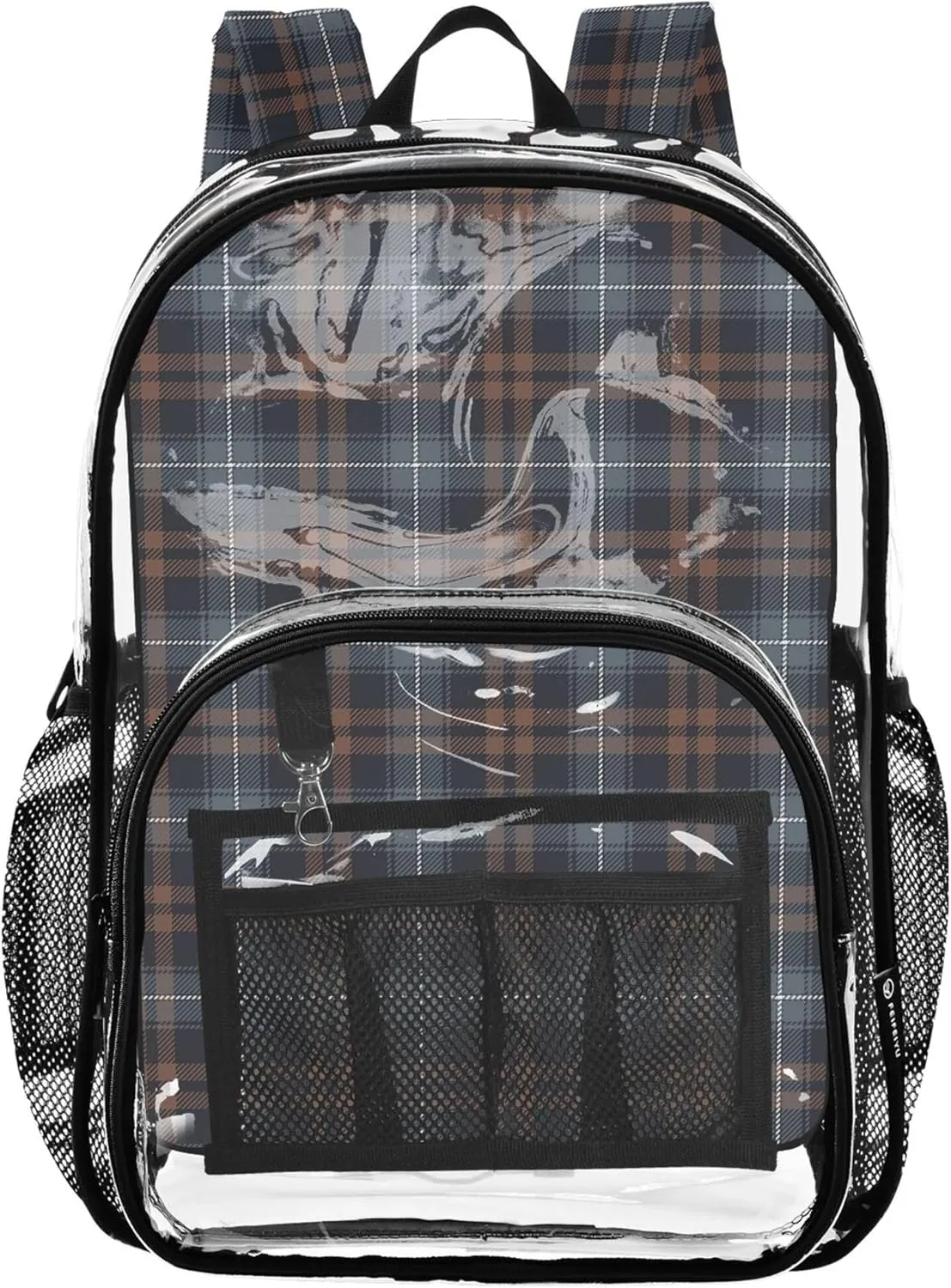 Chic Plaid Grey Brown Backpack for School, Clear Plastic Bag, Backpack Bag, Clear Stadium Backpack