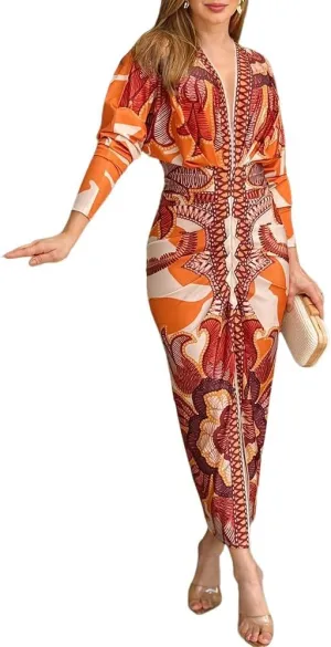 CHICME Women's Bodycon Long Sleeve Dress Casual Plunge V Neck Ruched Midi Dress Fall Bodycon Slit Office Work Dresses