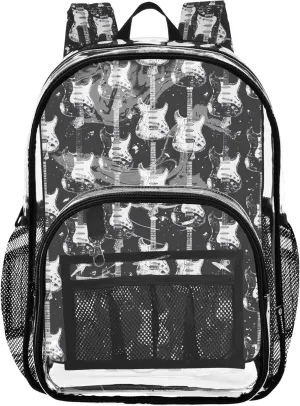 CHIFIGNO Black Guitars Backpack, Clear Plastic Bag, School Bags for Girls, Clear Backpacks for School