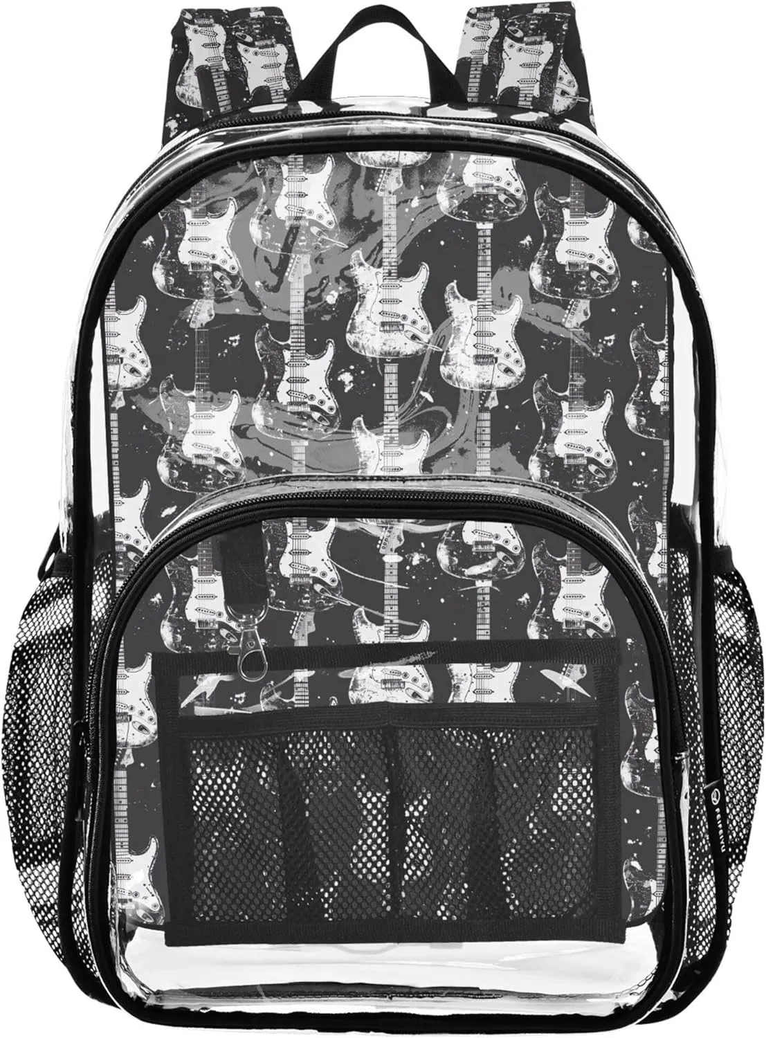CHIFIGNO Black Guitars Backpack, Clear Plastic Bag, School Bags for Girls, Clear Backpacks for School