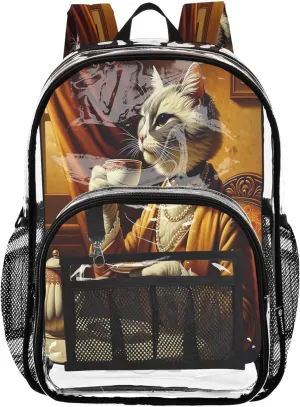 CHIFIGNO Elegant Cat Tea Brown Backpack for School, Clear Plastic Bag, School Bags for Girls, Backpack Clear