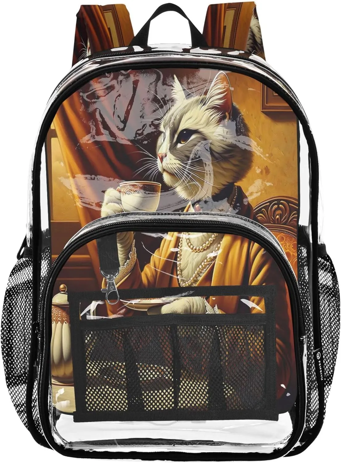 CHIFIGNO Elegant Cat Tea Brown Backpack for School, Clear Plastic Bag, School Bags for Girls, Backpack Clear