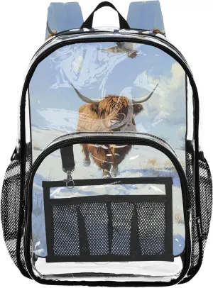 CHIFIGNO Highland Cow Snow White Backpacks for Kids, Clear Plastic Bag, Book Bag, Transparent School Bag