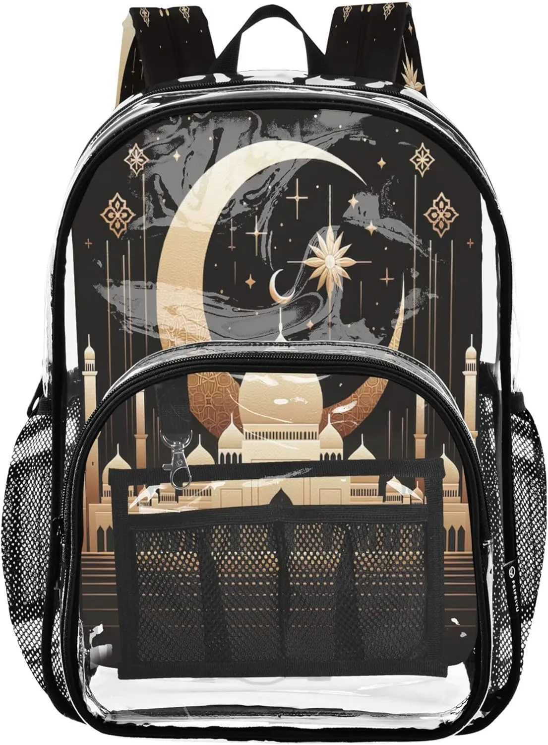 CHIFIGNO Mosque Crescent Glow Gold Backpack for Boys, Clear Plastic Bag, See through Bag, Clear Stadium Backpack