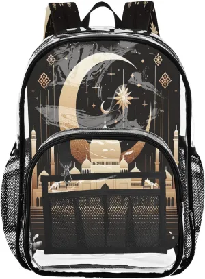 CHIFIGNO Mosque Crescent Glow Gold Backpack for Boys, Clear Plastic Bag, See through Bag, Clear Stadium Backpack