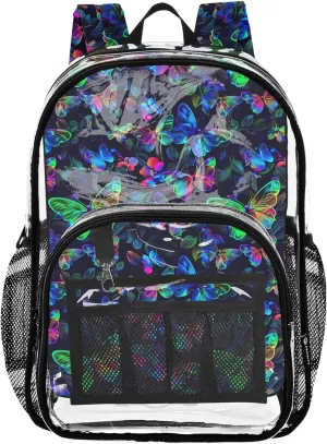 CHIFIGNO Neon Butterflies Flowers Girls Backpack, Clear Plastic Bag, See through Bag, Clear Backpack for Girls