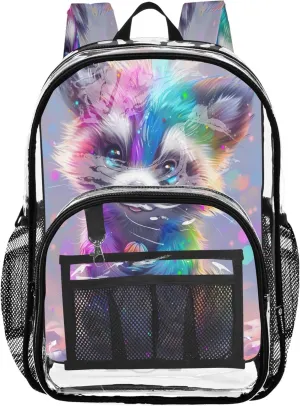 CHIFIGNO Rainbow Colored Raccon School Bag, Clear Plastic Bag, Backpack Bag, See through Backpack