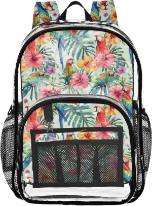 CHIFIGNO Watercolor Tropical Flowers Parrots School Backpack for Girls, Clear Plastic Bag, Backpack Bag, Clear Backpack for Boys