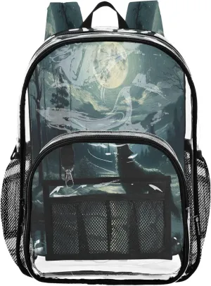 CHIFIGNO Wolf Moon Night Blue School Backpack, Clear Plastic Bag, Backpack Bag, Clear Bookbag