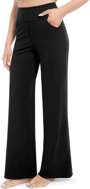 CL convallaria Womens Wide Leg Trouser Yoga Pants with Pockets High Waist Stretchy Work Casual Pants 28"/30" Petite/Regular Black XL