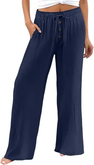 Cotton Linen Pants for Women Casual Summer Wide Leg Palazzo Loose Drawstring Elastic Waist Lounge Trousers Outfits 2025