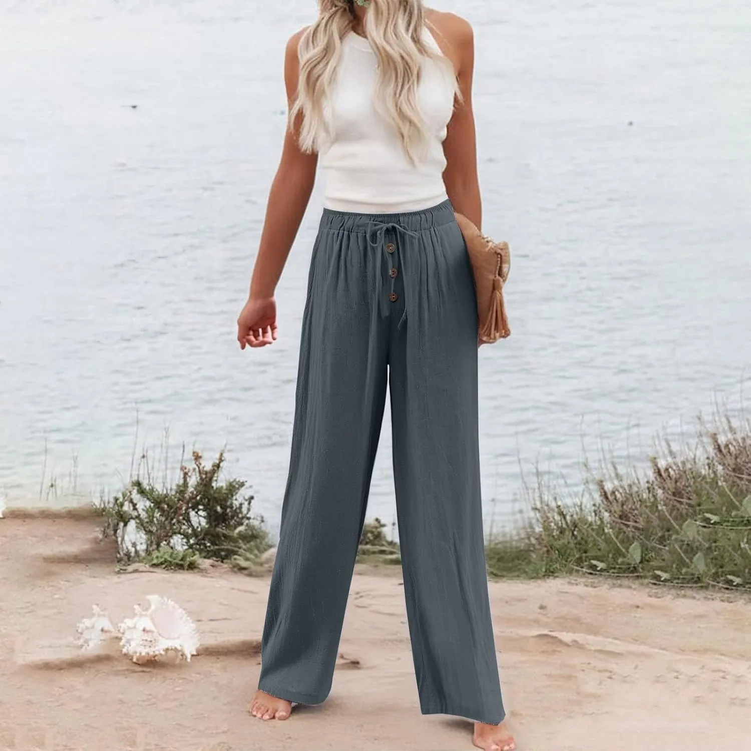Cotton Linen Pants for Women Casual Summer Wide Leg Palazzo Loose Drawstring Elastic Waist Lounge Trousers Outfits 2025