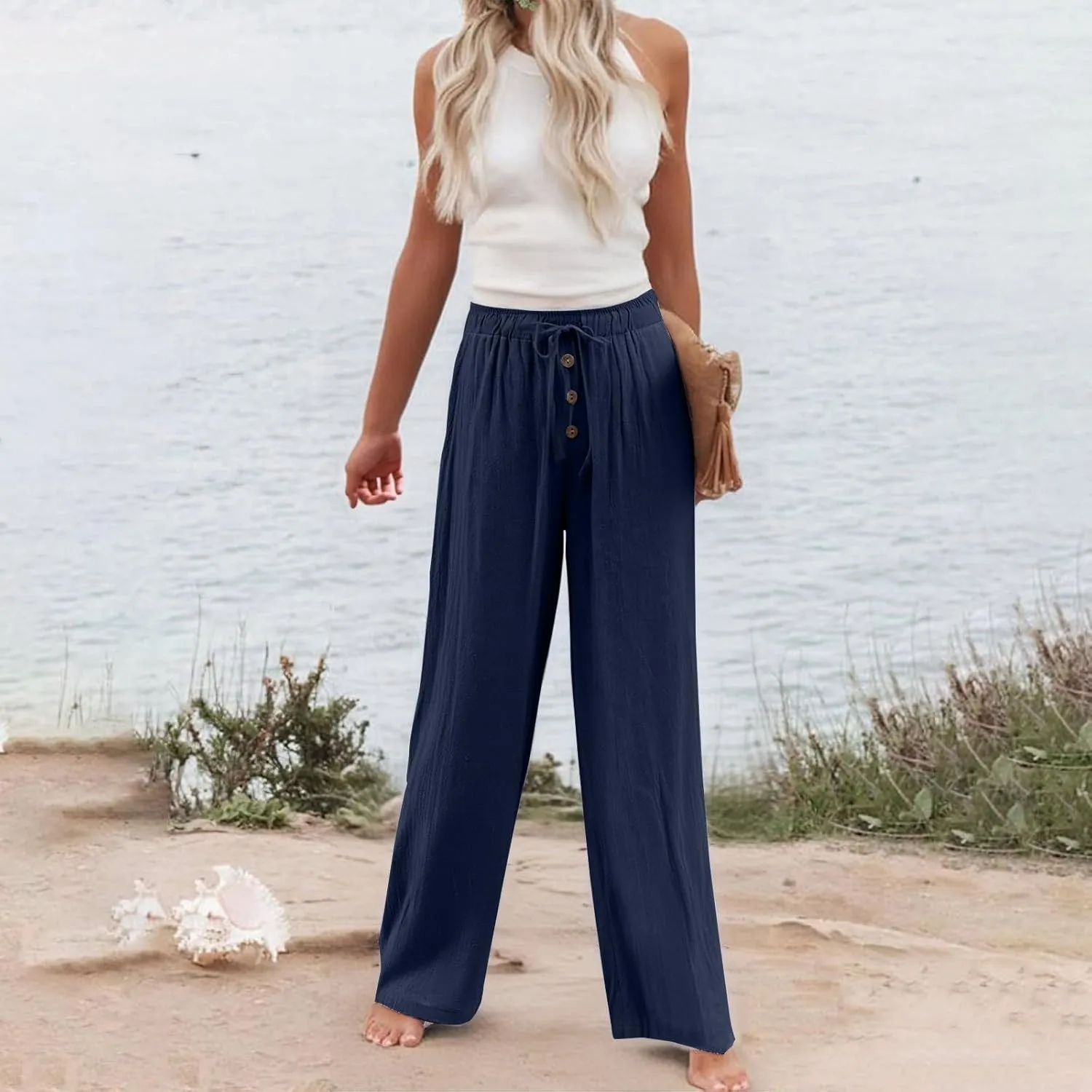 Cotton Linen Pants for Women Casual Summer Wide Leg Palazzo Loose Drawstring Elastic Waist Lounge Trousers Outfits 2025