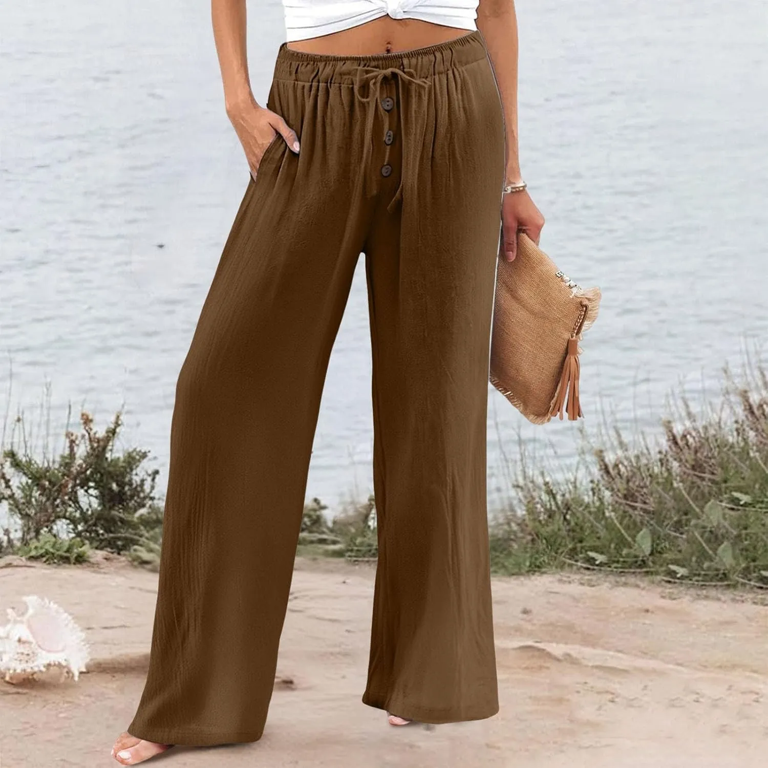 Cotton Linen Pants for Women Casual Summer Wide Leg Palazzo Loose Drawstring Elastic Waist Lounge Trousers Outfits 2025