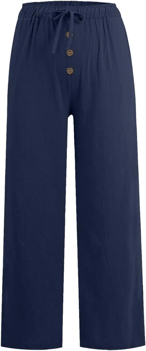 Cotton Linen Pants for Women Casual Summer Wide Leg Palazzo Loose Drawstring Elastic Waist Lounge Trousers Outfits 2025