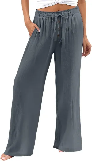 Cotton Linen Pants for Women Casual Summer Wide Leg Palazzo Loose Drawstring Elastic Waist Lounge Trousers Outfits 2025